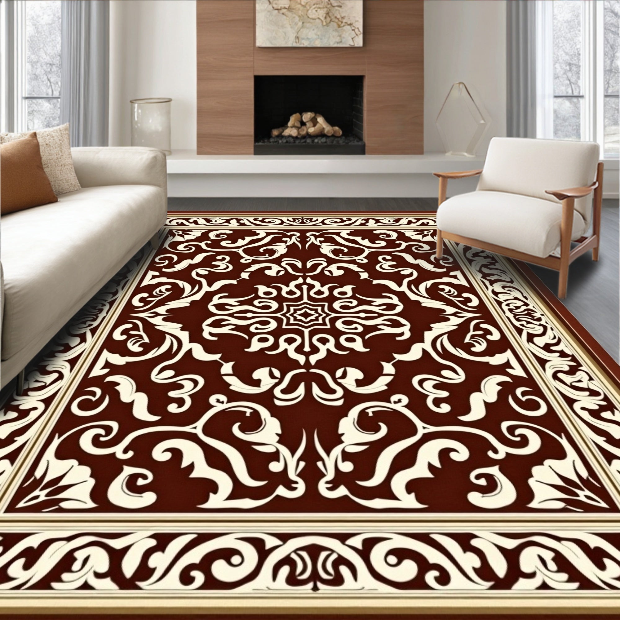 Dark Red Cream Damask Scroll Medallion Rug