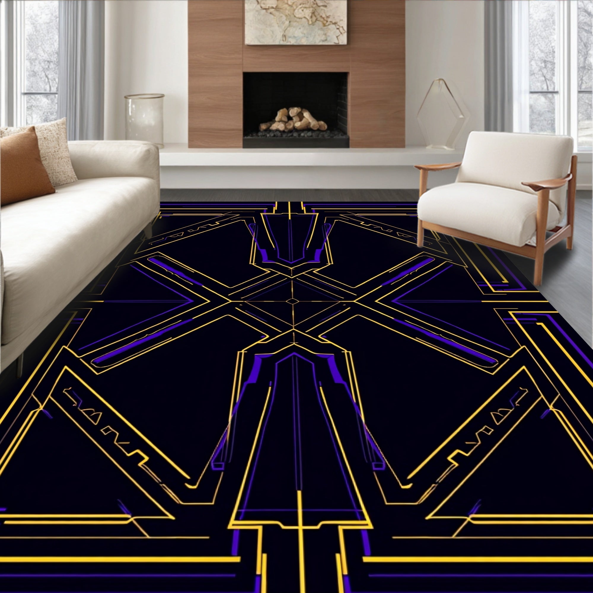 Geometric Art Deco Yellow Purple Inlay Rug