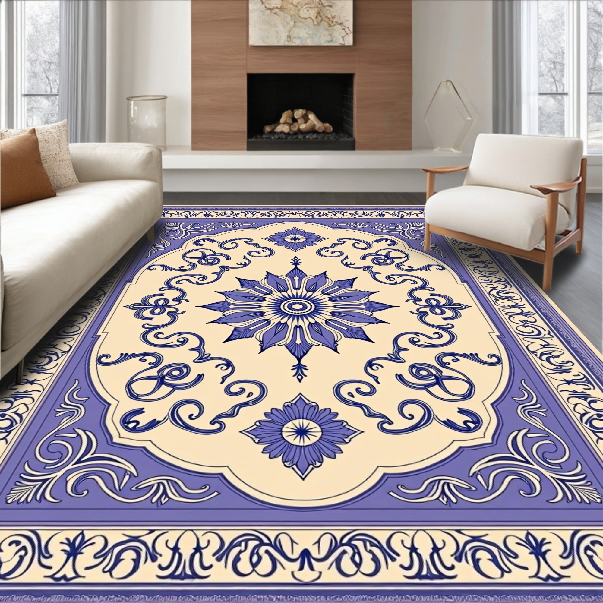 Ornate Blue Floral Medallion Ivory Rug