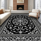 Black White Arabesque Scrollwork Rug