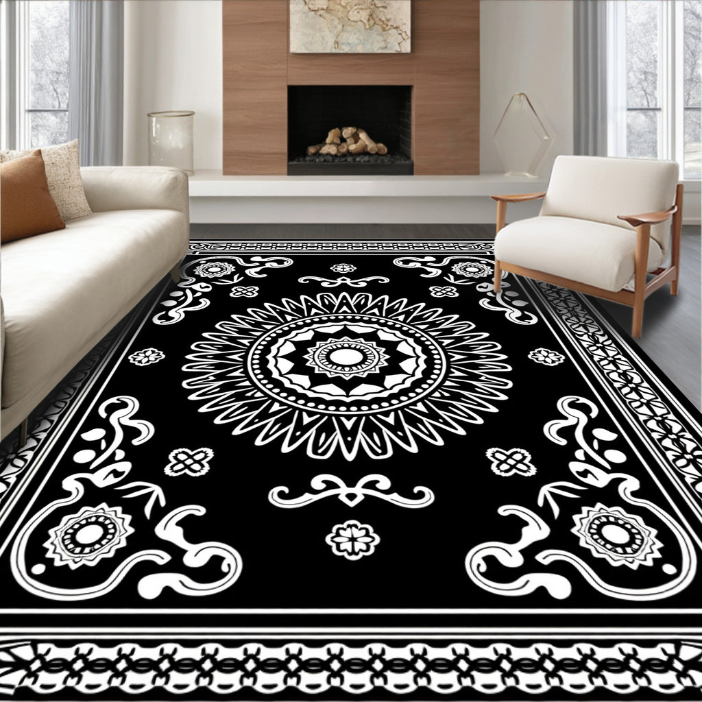 Black White Vintage Mandala Border Rug