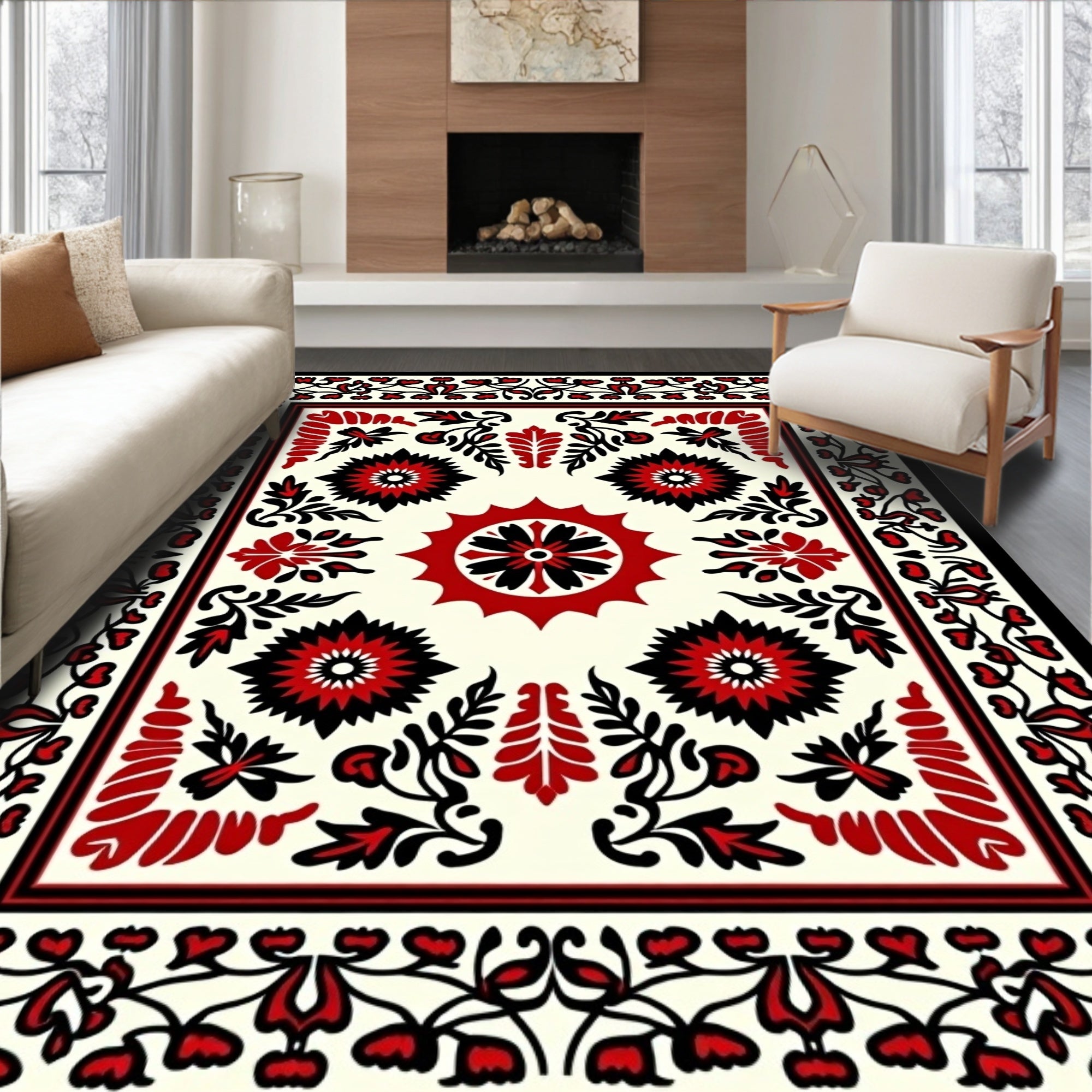 Bold Red Floral Starburst Medallion Rug