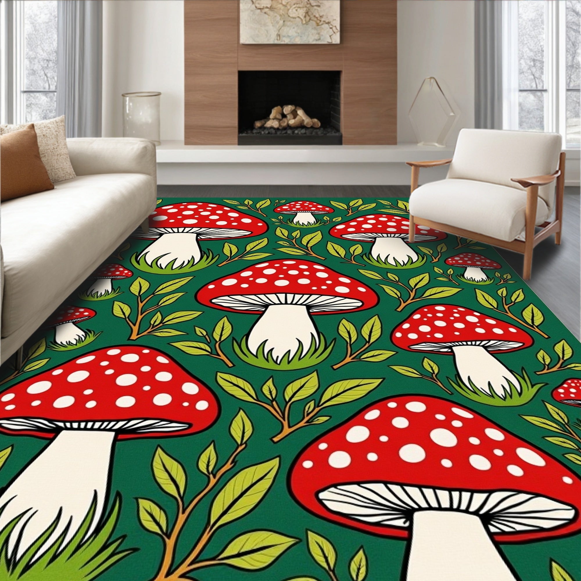 Whimsical Red And White Mushroom Forest Rug