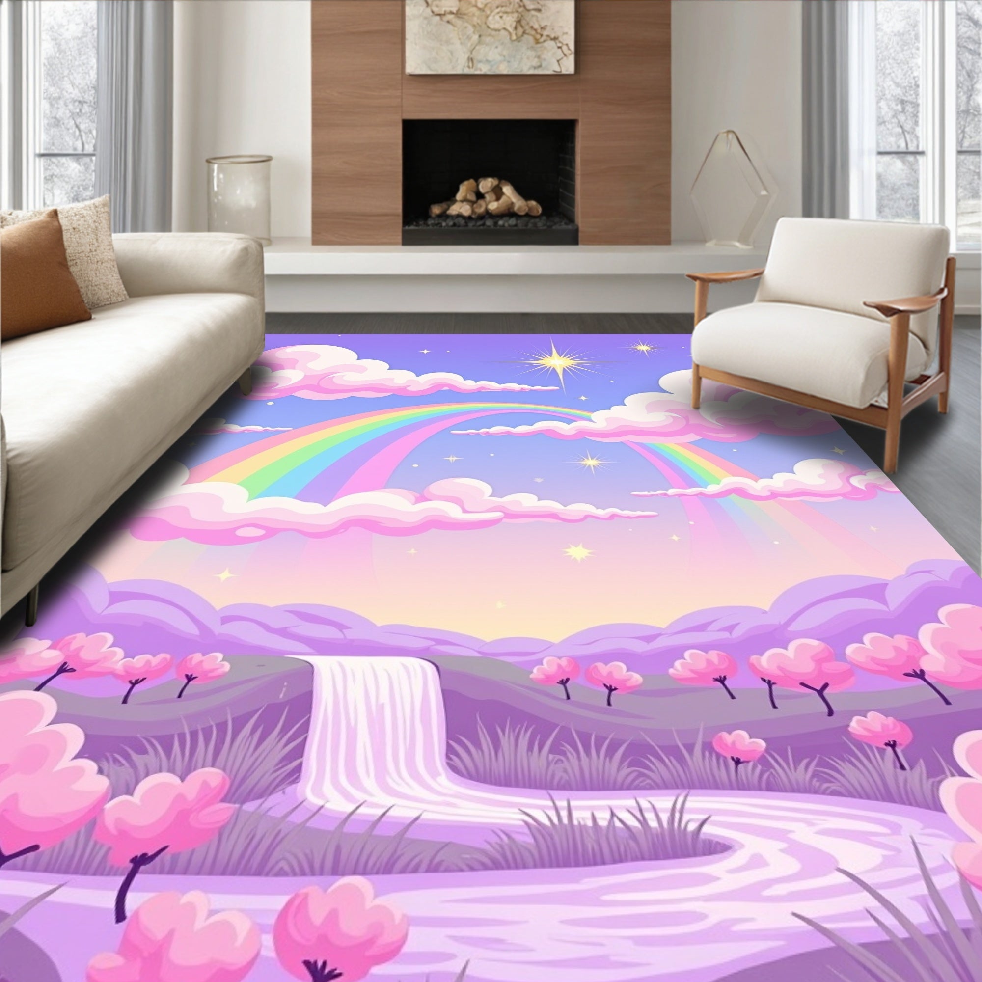 Pastel Dreamscape Rainbow Waterfall Clouds Rug