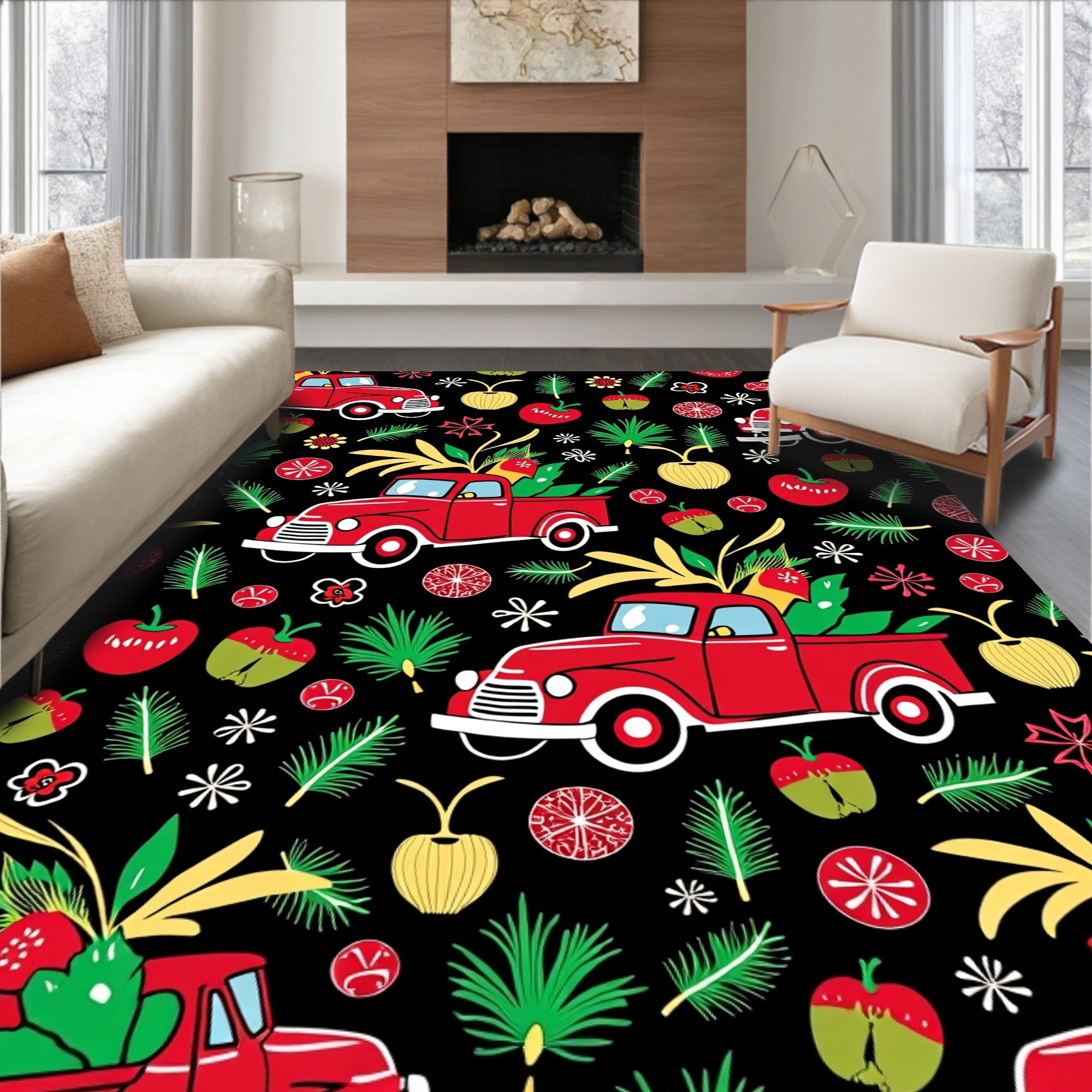 Retro Red Truck Merry Holiday Rug