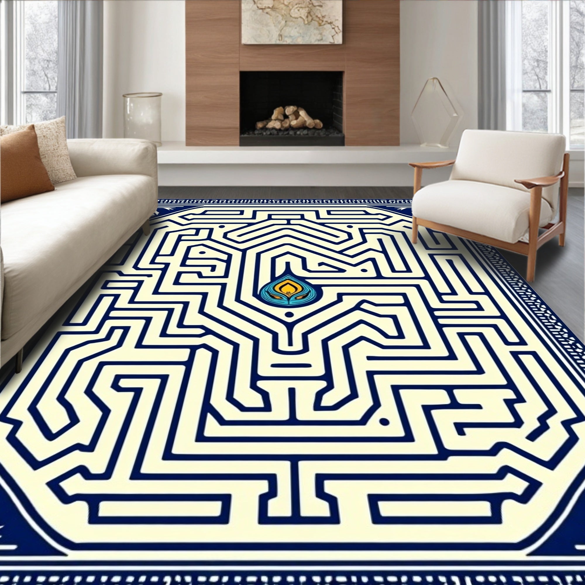 Blue Yellow Labyrinth Fiery Center Rug
