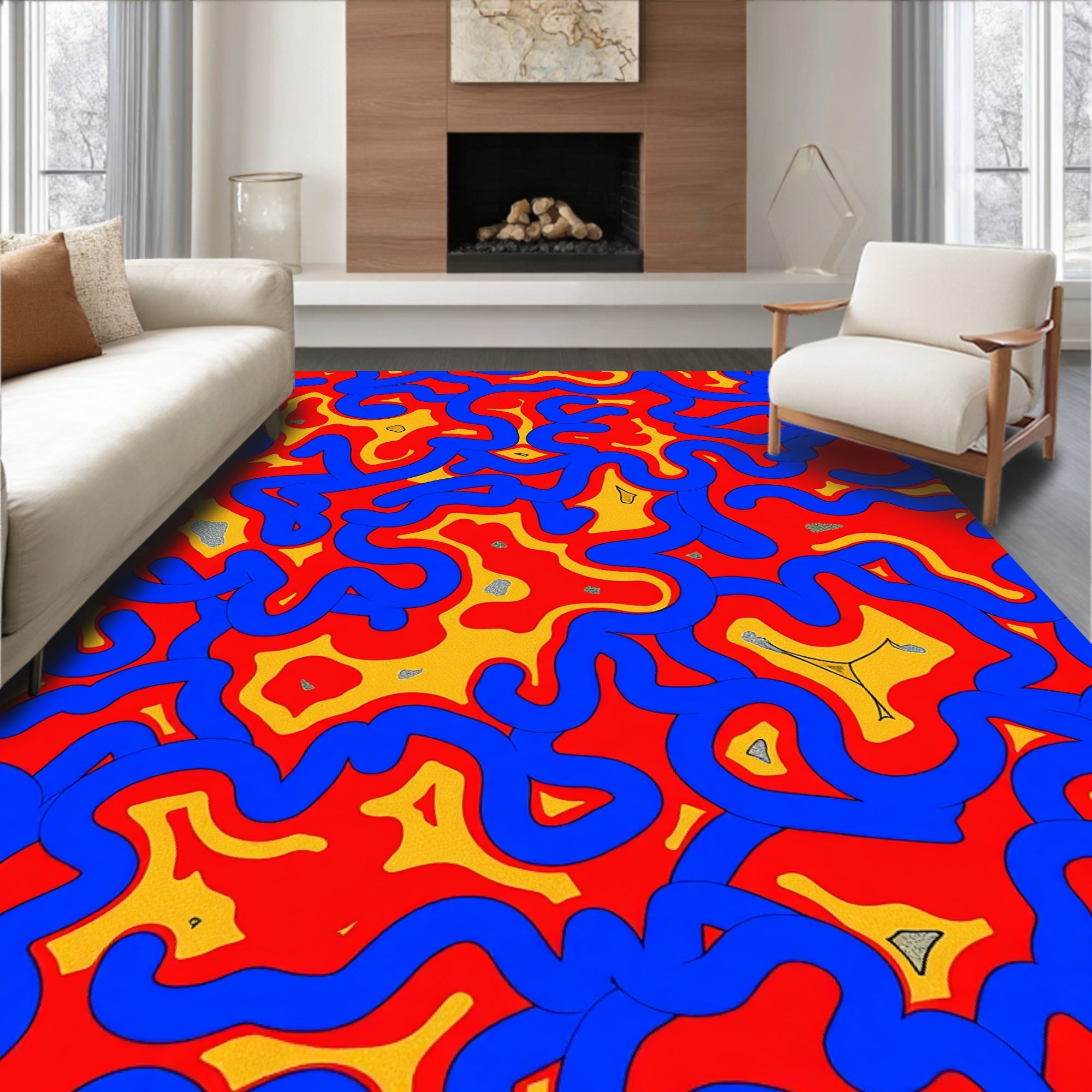 Vibrant Blue Red Organic Waves Rug