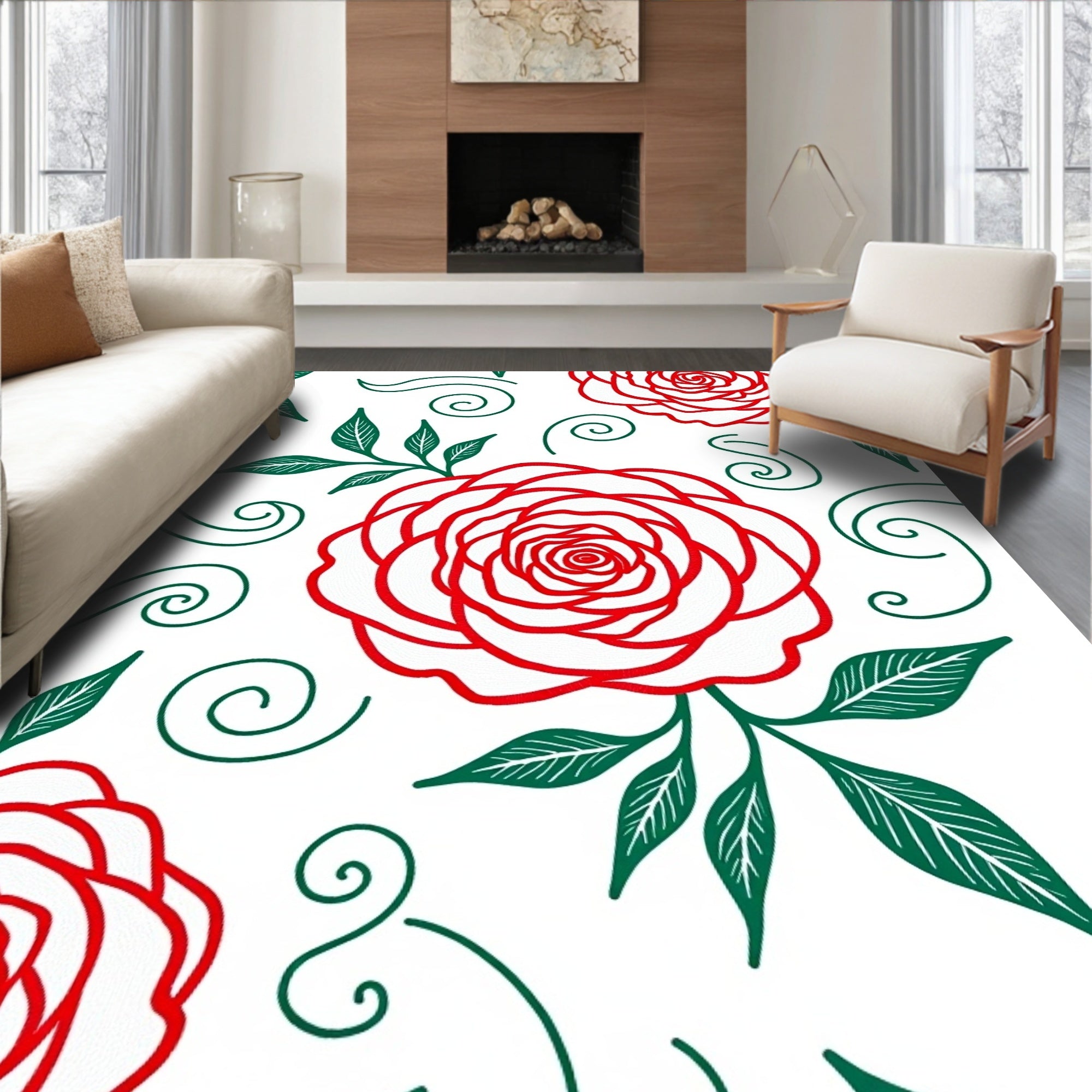Crimson Rose Swirl Floral Collection Rug