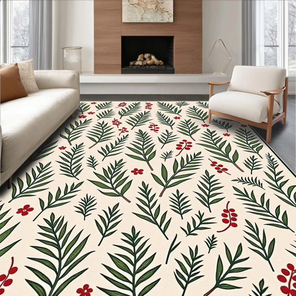 Cream Greenery Red Berry Botanical Rug