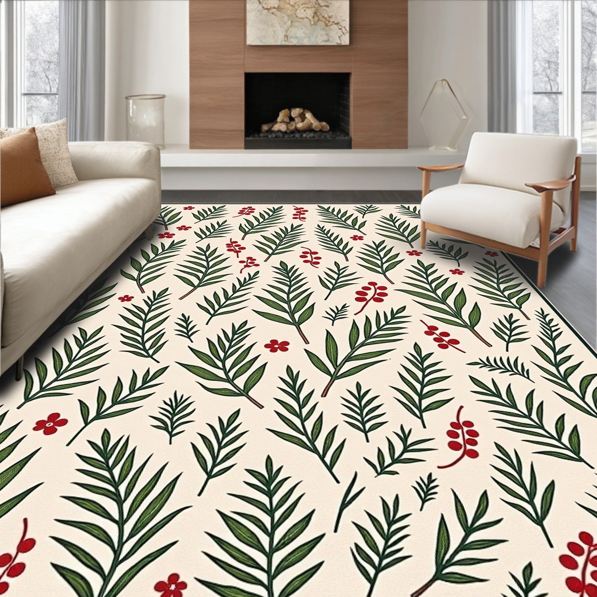 Cream Greenery Red Berry Botanical Rug