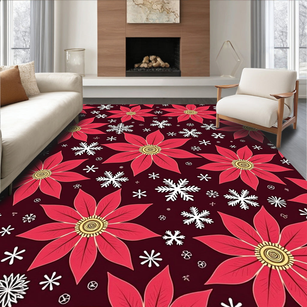 Crimson Poinsettia Snowflake Night Rug