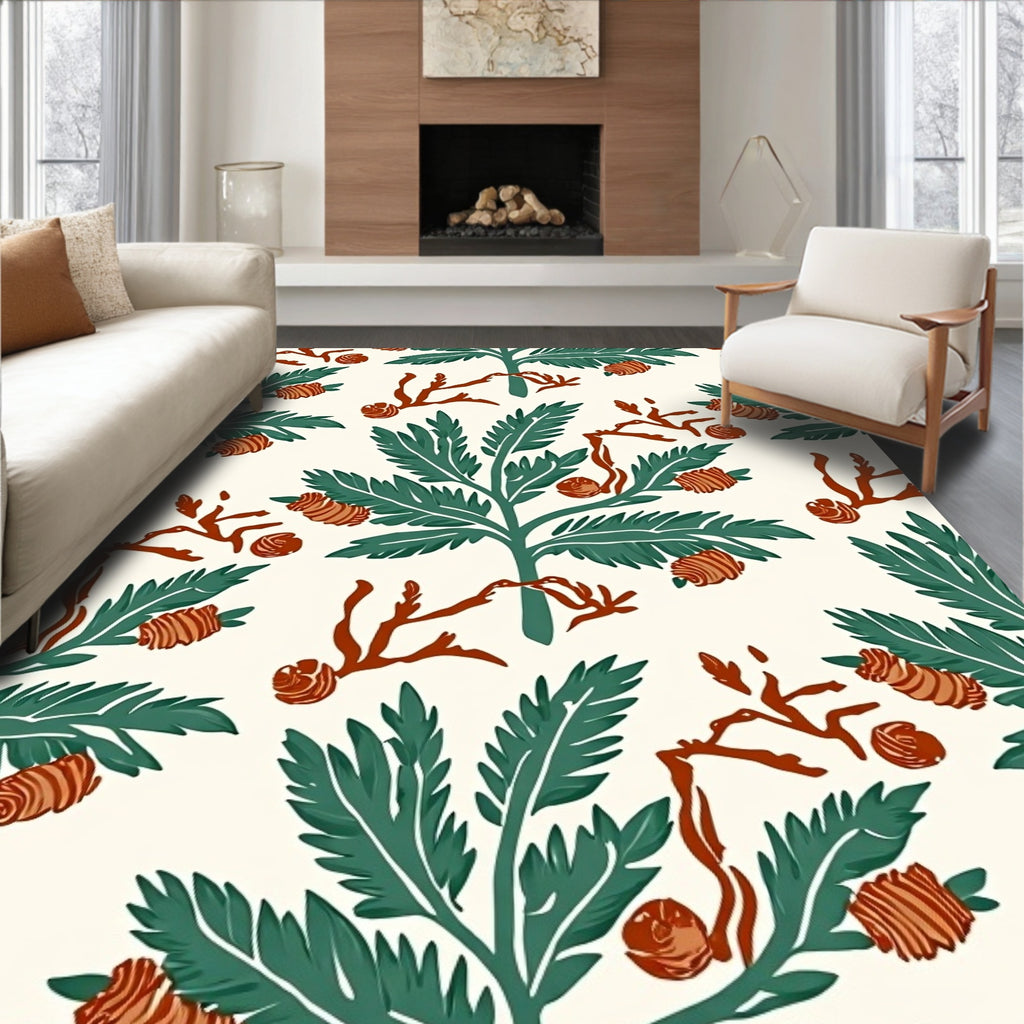 Green Foliage Coral Branches and Pods Rug