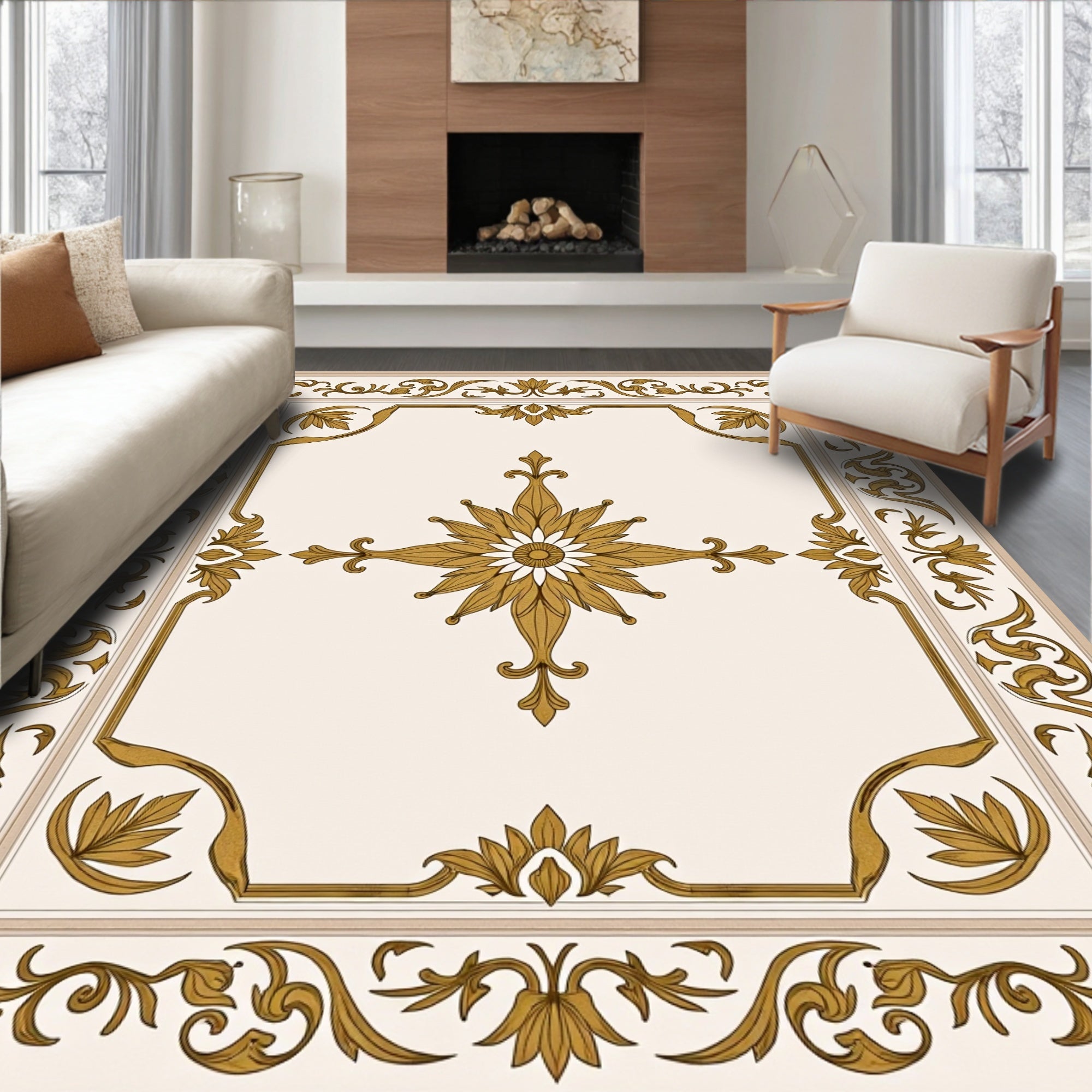 Ornate Gold Floral Medallion Cream Rug