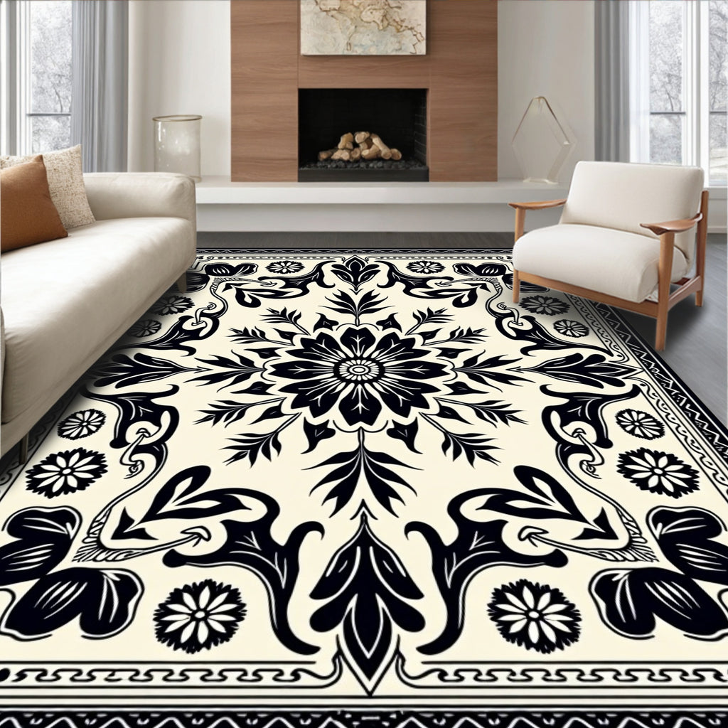 Black Ivory Floral Scroll Medallion Rug