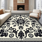 Black Ivory Floral Scroll Medallion Rug