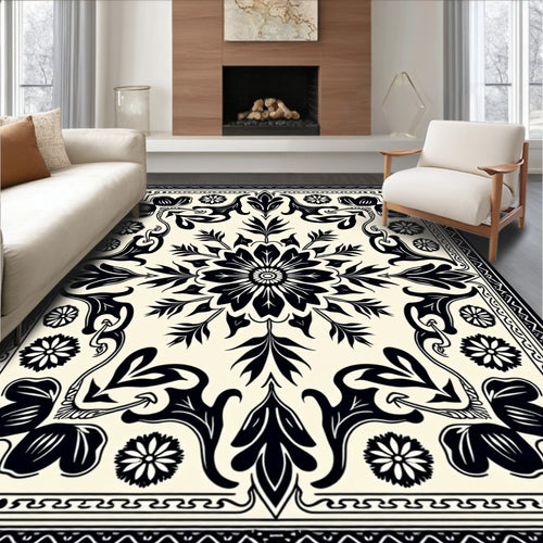 Black Ivory Floral Scroll Medallion Rug