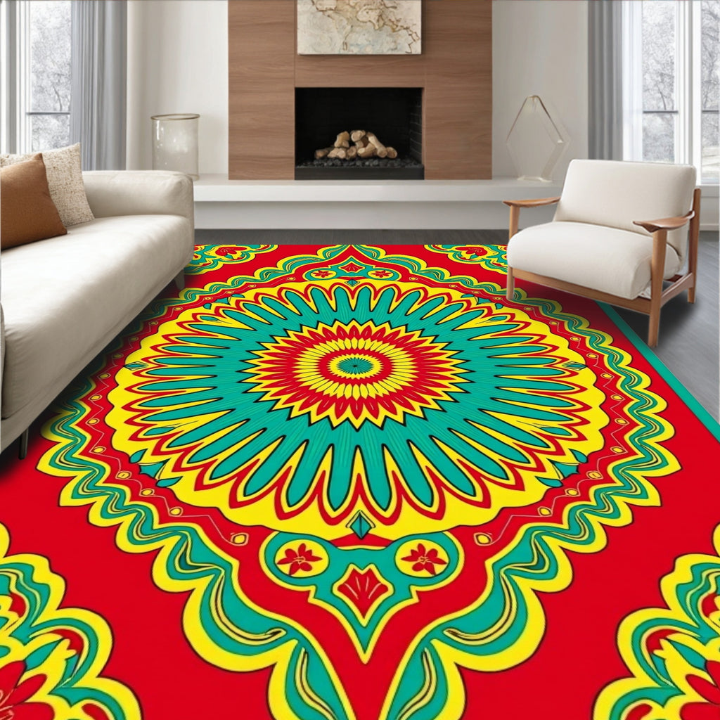 Bright Red Teal Yellow Sunburst Mandala Rug