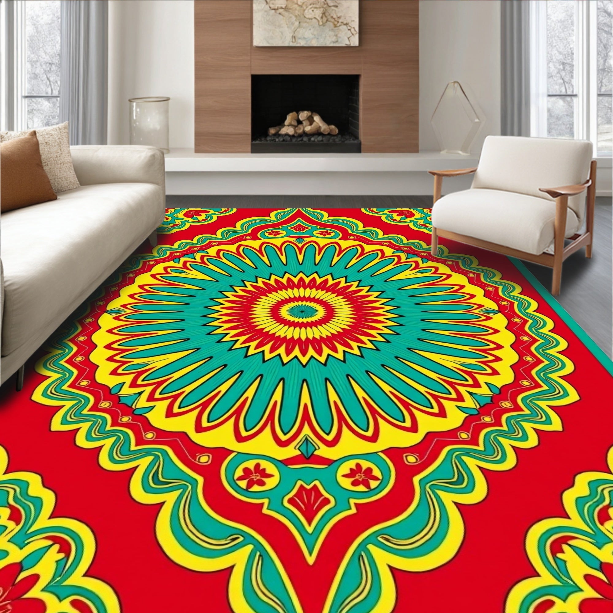 Bright Red Teal Yellow Sunburst Mandala Rug