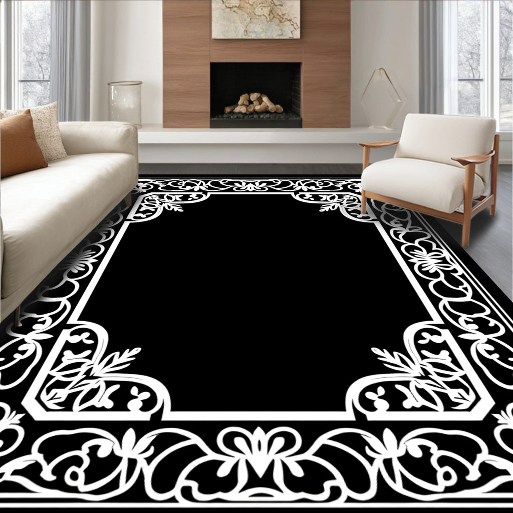 Elegant White Floral Vine Border Rug