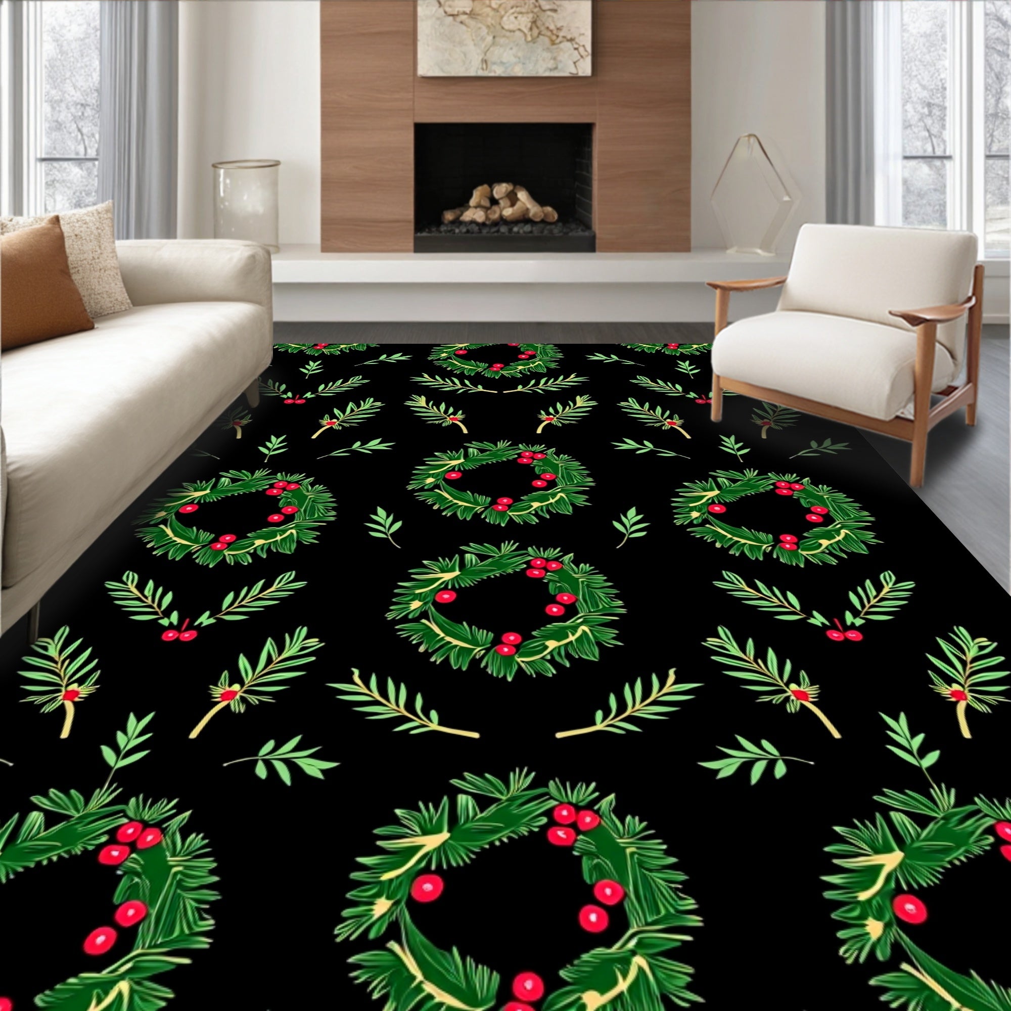 Green Wreath Red Berry Garland Rug