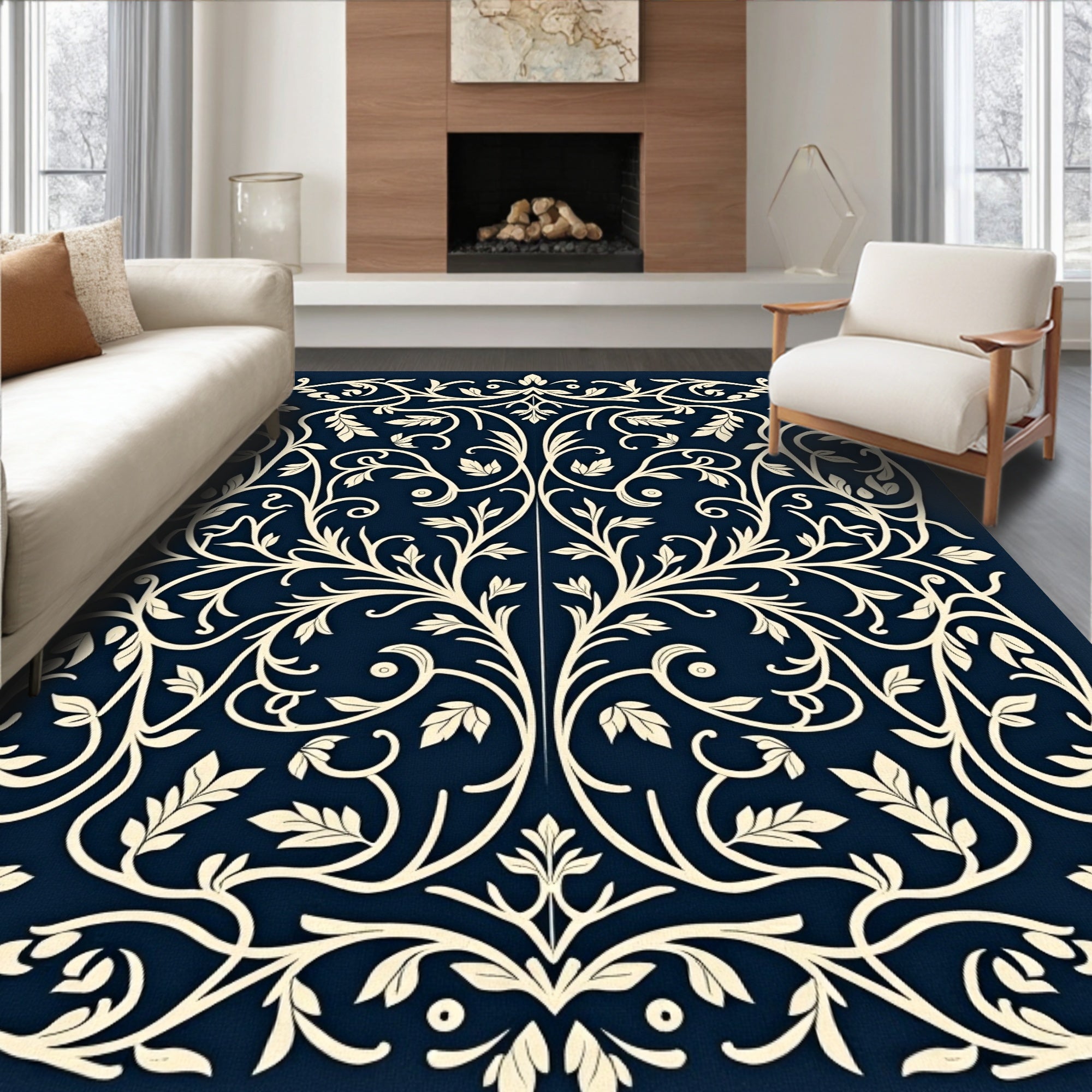 Ivory Vine Symmetry On Navy Canvas Rug