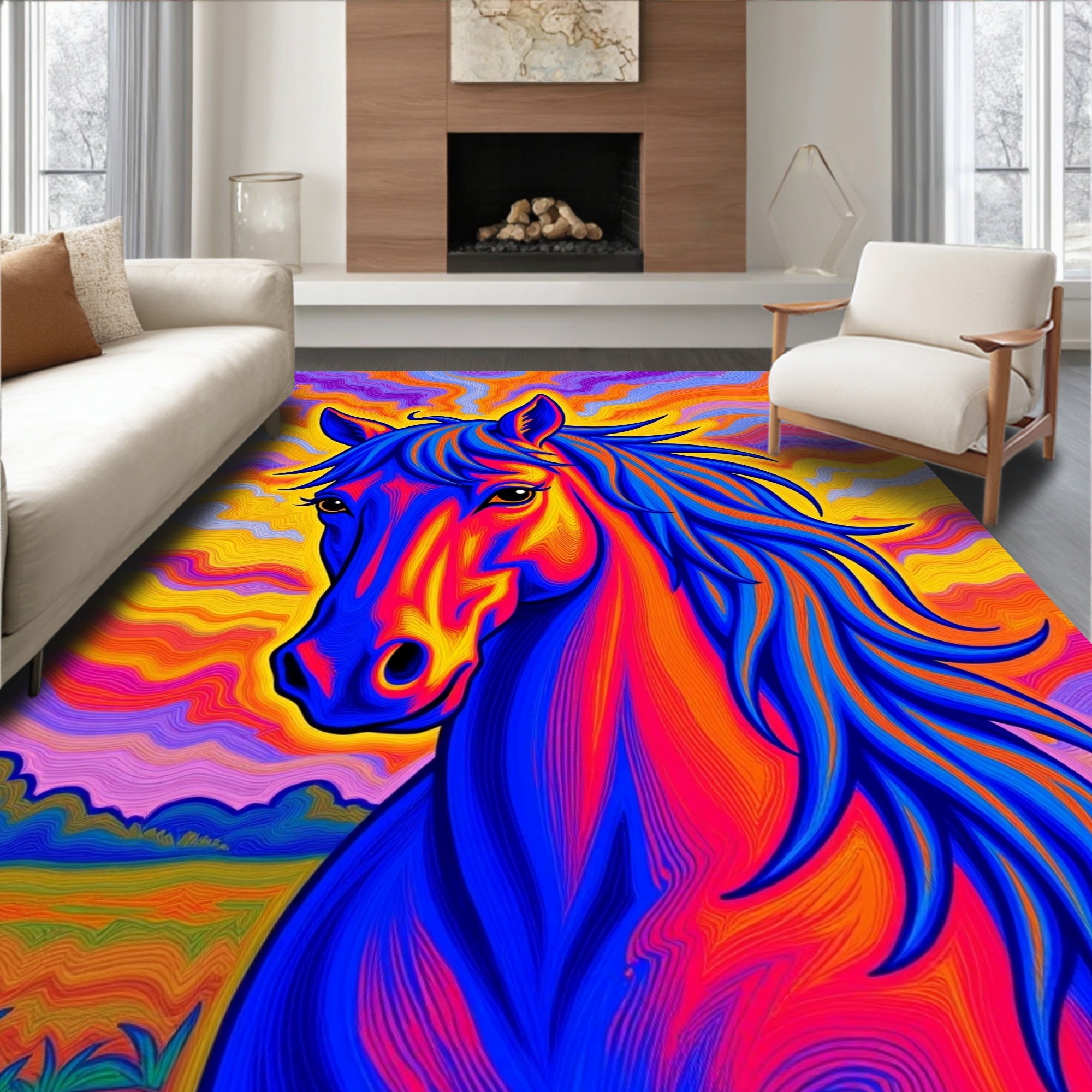Vibrant Psychedelic Horse Landscape Rug