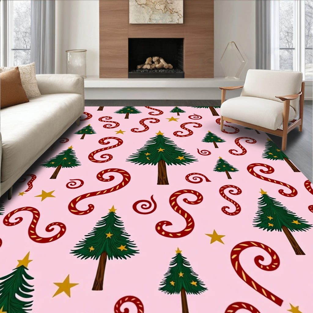 Festive Christmas Trees Red Swirls Stars Rug