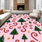Festive Christmas Trees Red Swirls Stars Rug