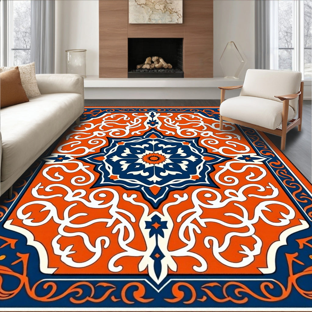 Bold Orange Indigo Floral Medallion Rug