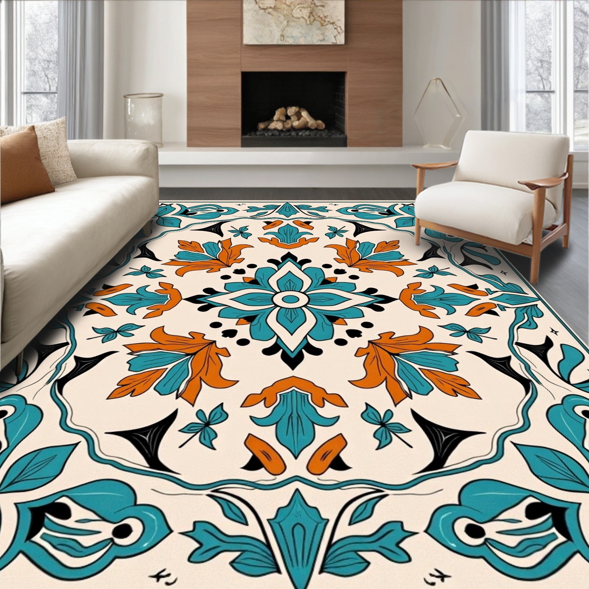 Turquoise Orange Floral Medallion Rug