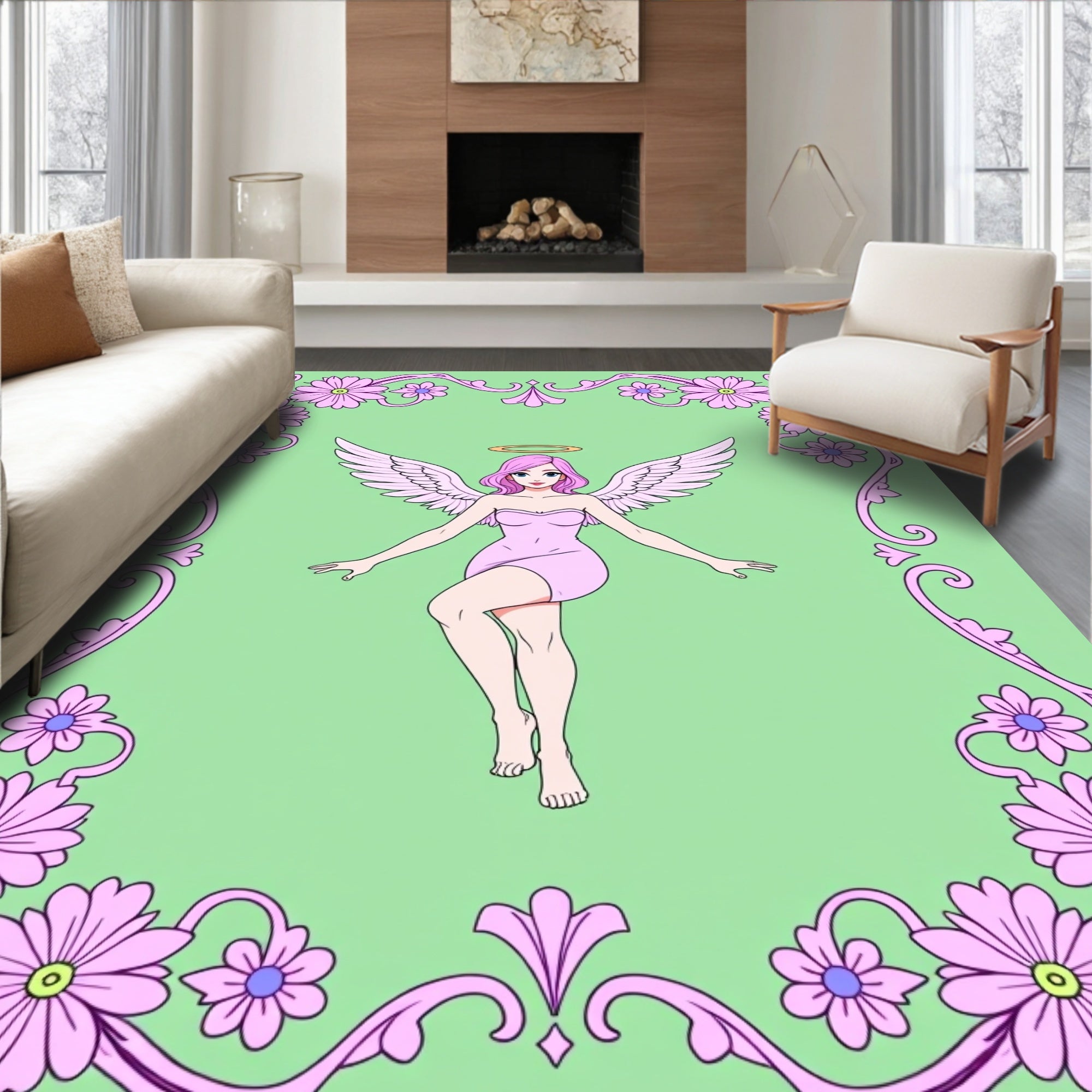 Pink Angel Floral Frame Rug