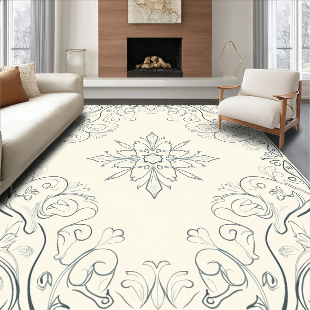 Cream and Blue Floral Medallion Rug
