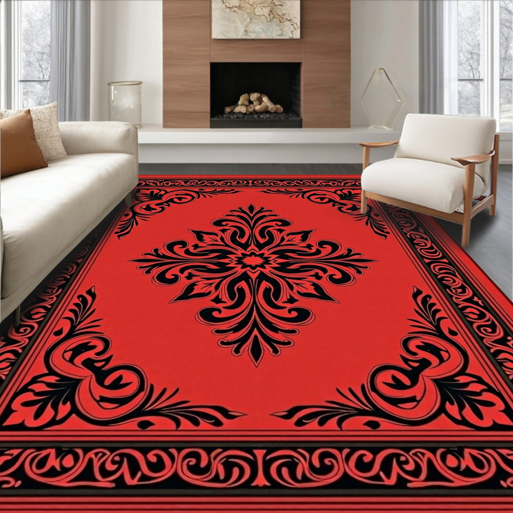 Crimson Black Floral Scroll Border Rug