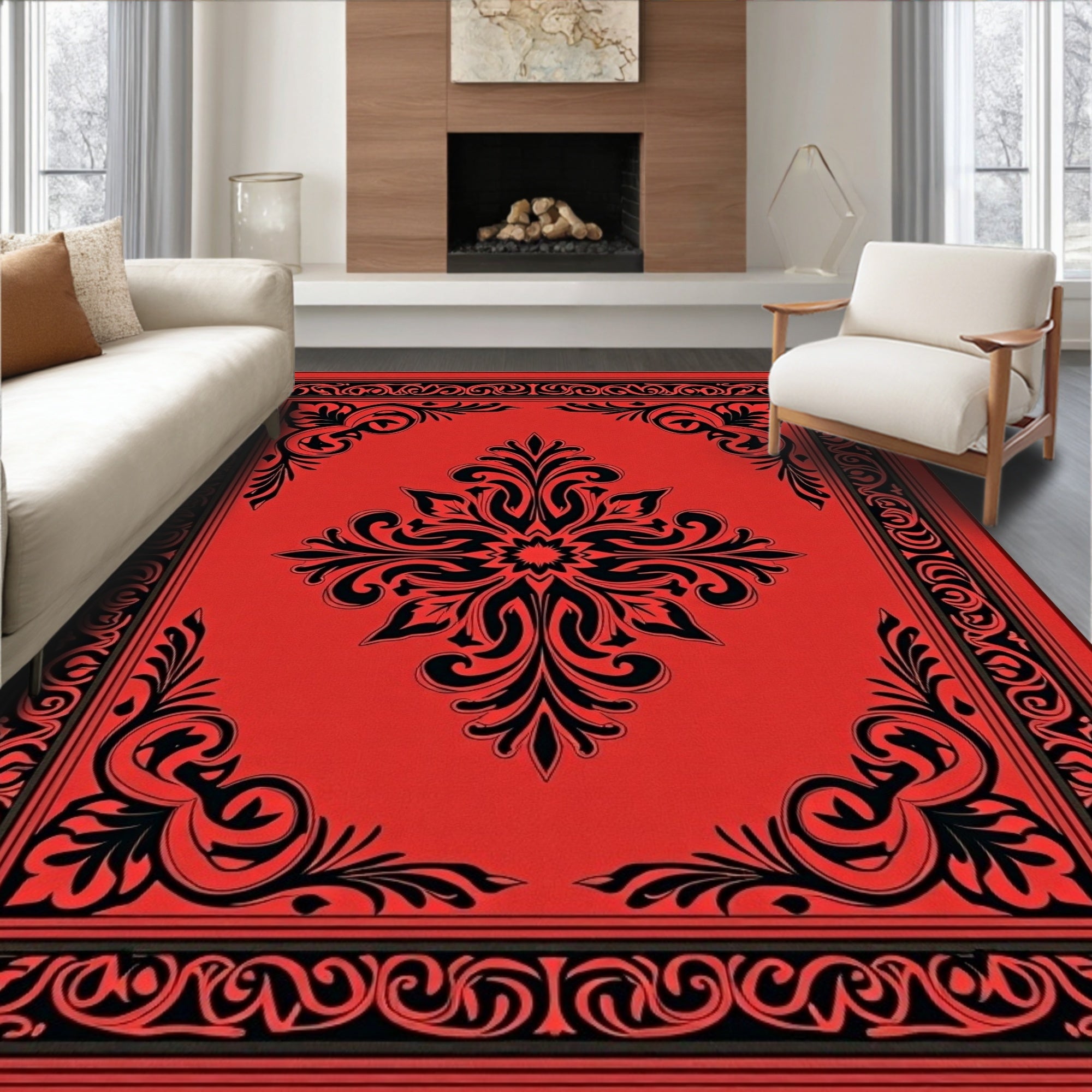 Crimson Black Floral Scroll Border Rug