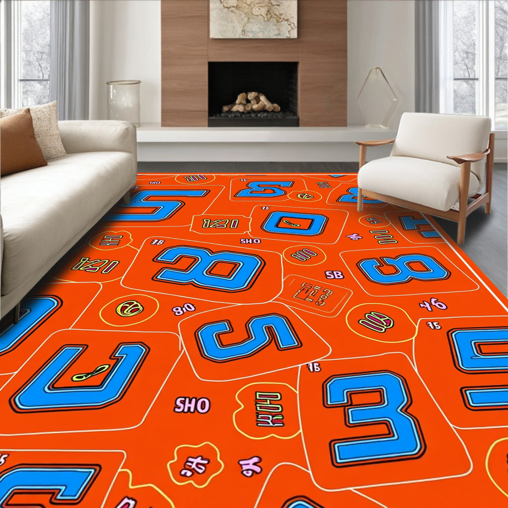 Bold Blue Number Collage on Orange Rug