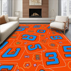Bold Blue Number Collage on Orange Rug