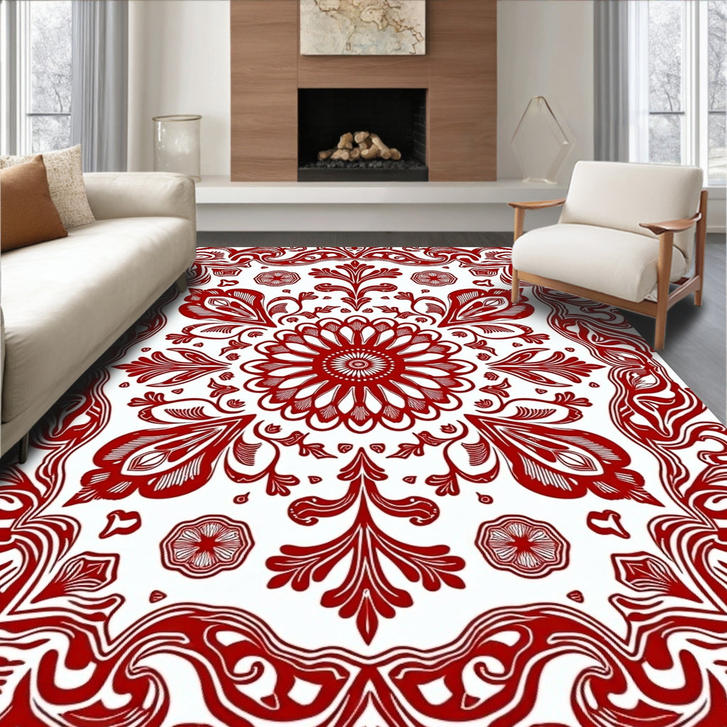 Crimson Baroque Swirls Decorative Rug
