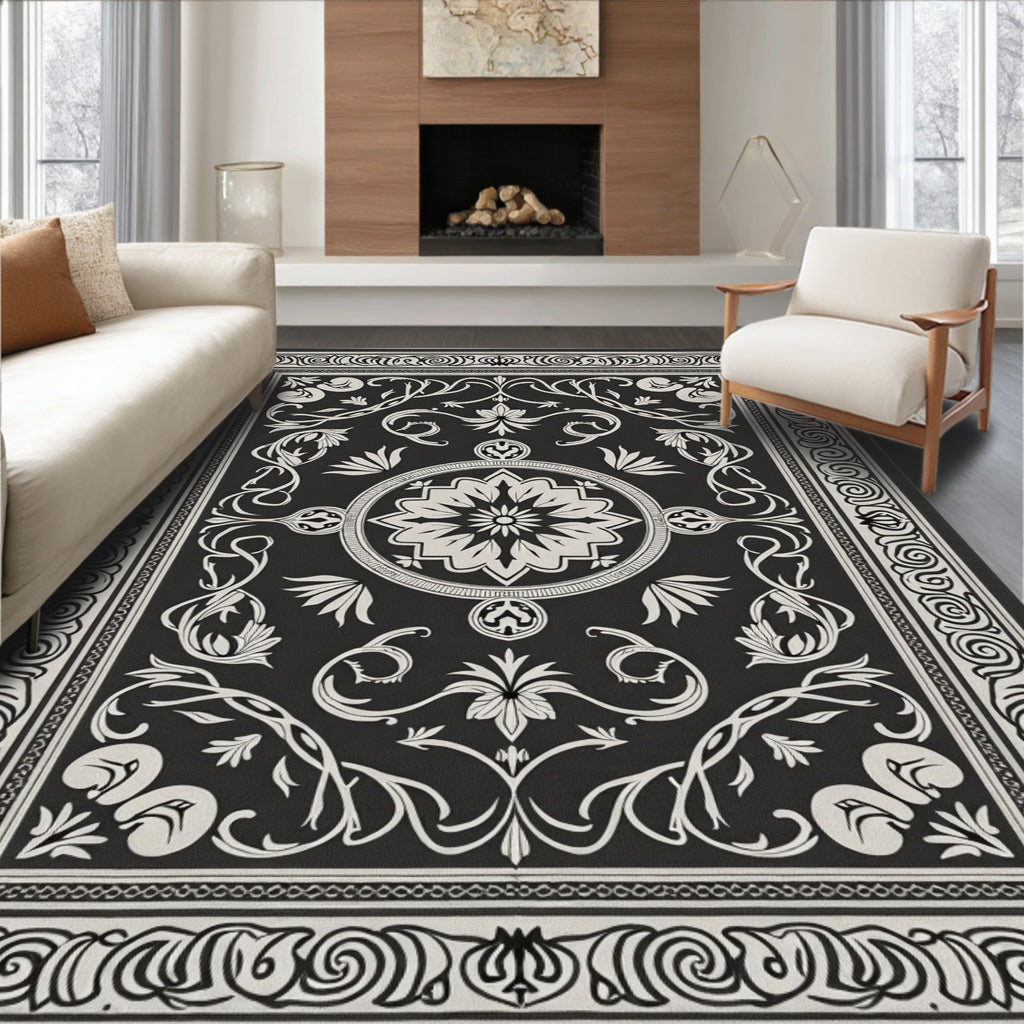 Monochromatic Scrollwork Floral Round Medallion Rug
