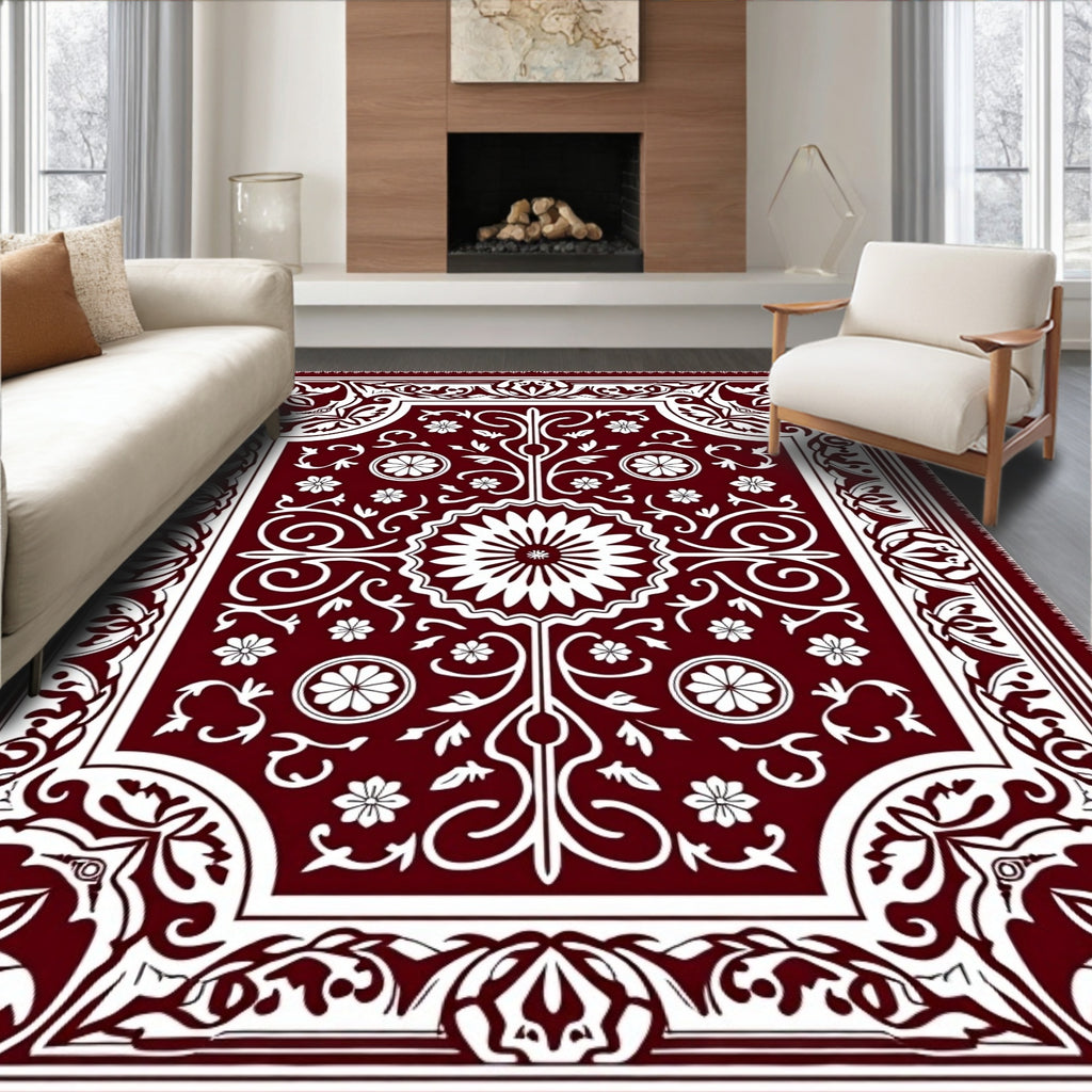 Deep Red Ornate Blossom Border Rug