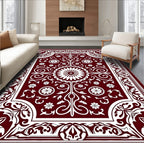 Deep Red Ornate Blossom Border Rug