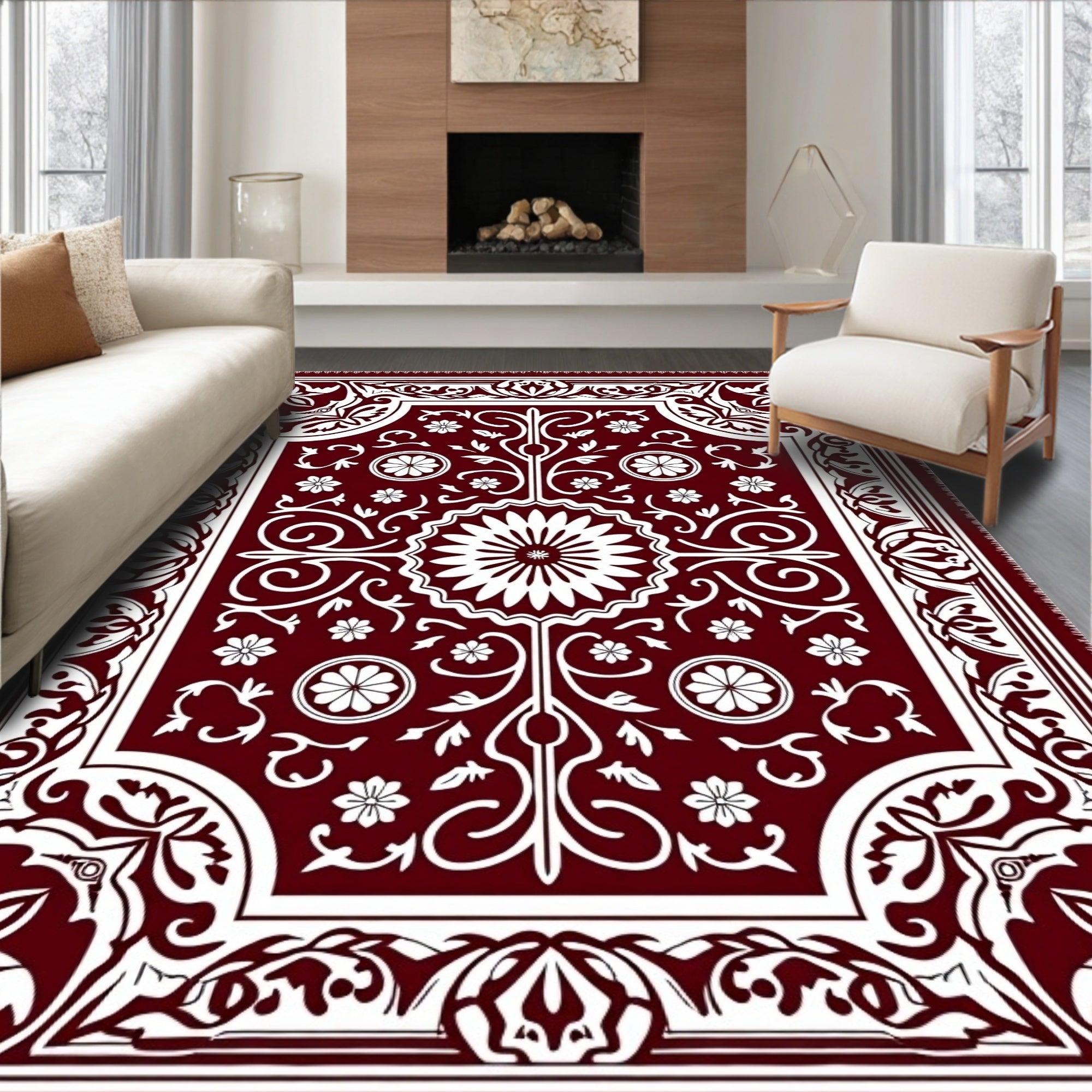Deep Red Ornate Blossom Border Rug