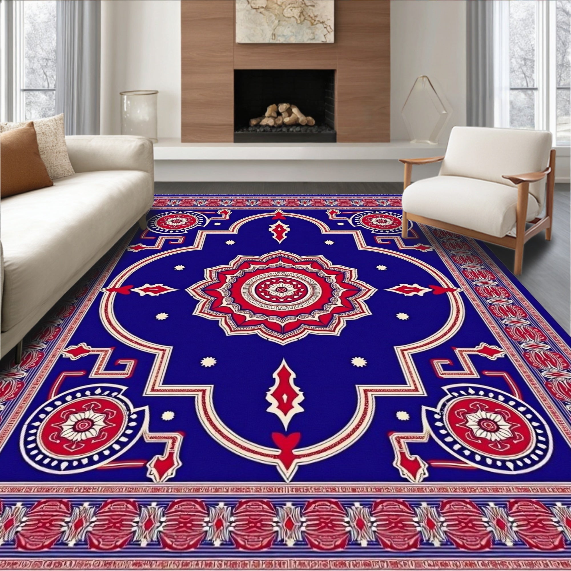 Royal Blue Red Floral Medallion Grand Rug