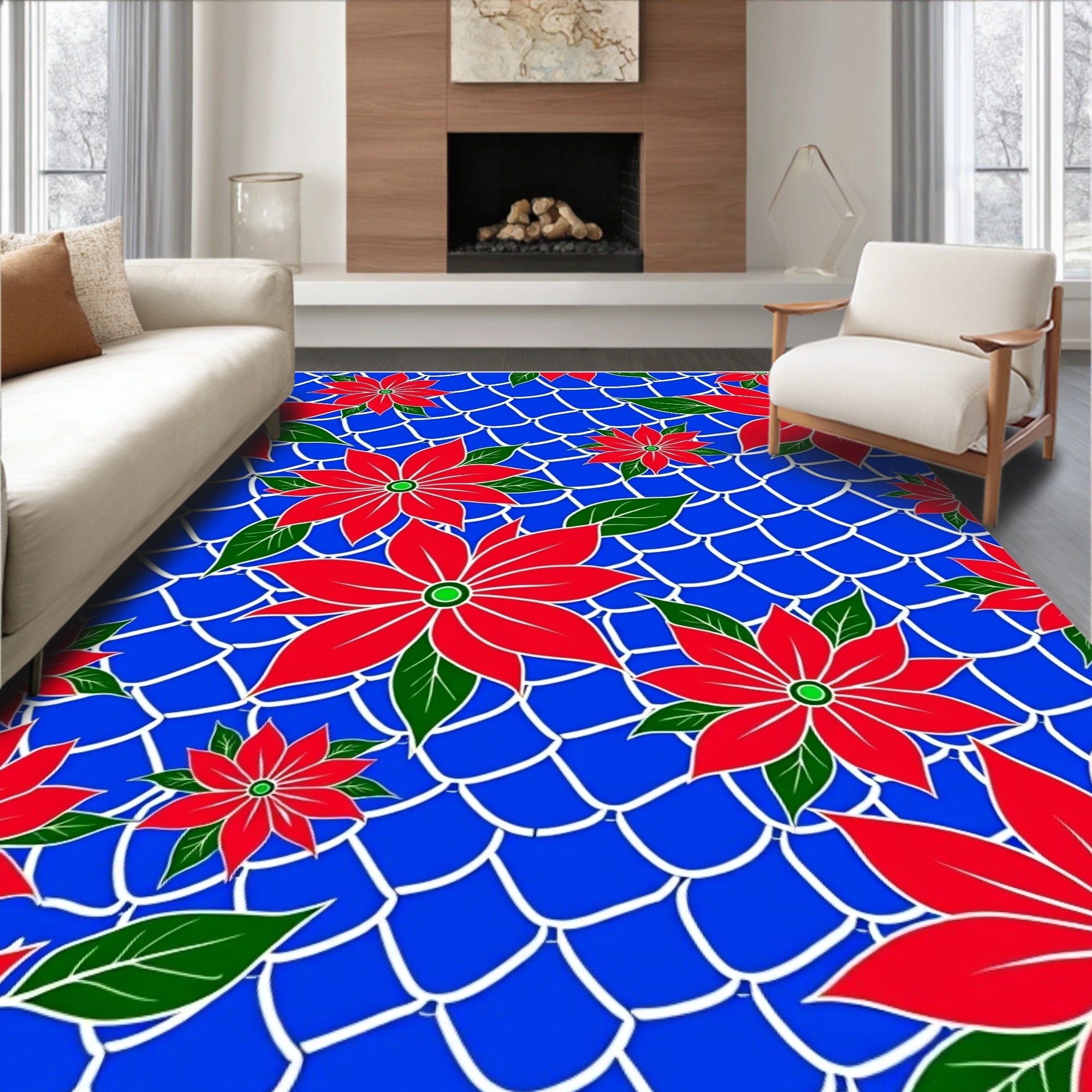 Bright Red Poinsettia Overlay Rug