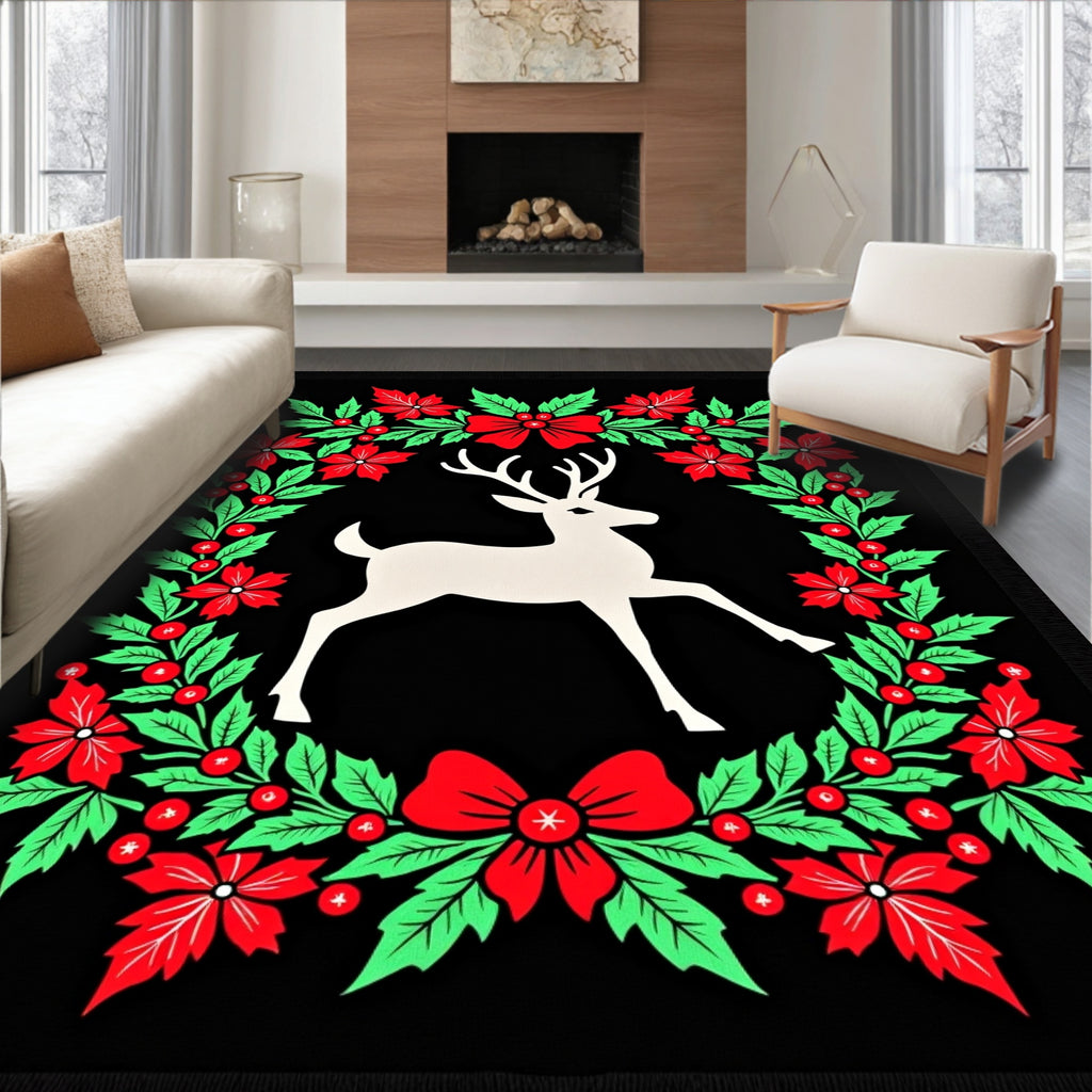 White Deer Red Holly Wreath Rug