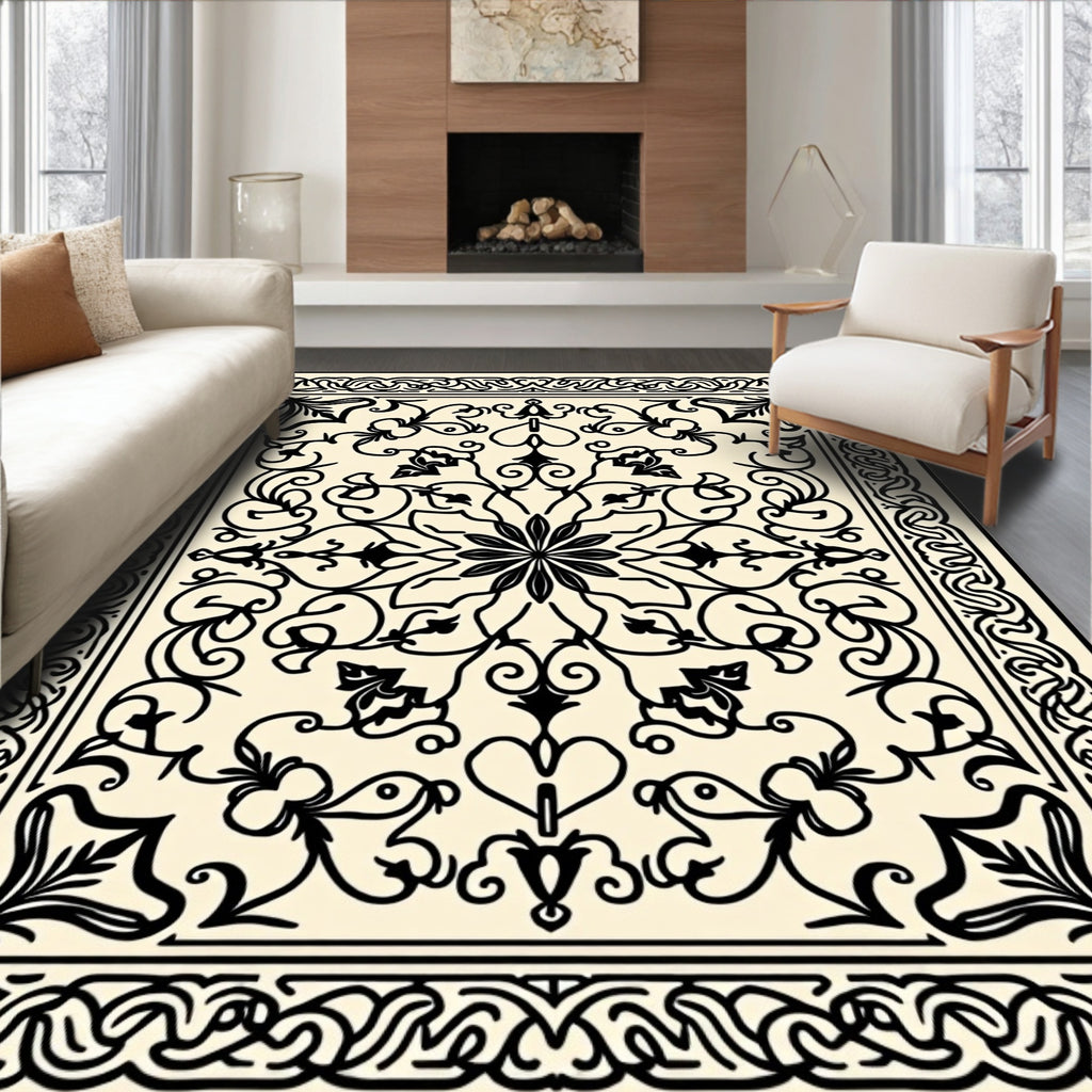 Classic Black Ivory Floral Scroll Rug