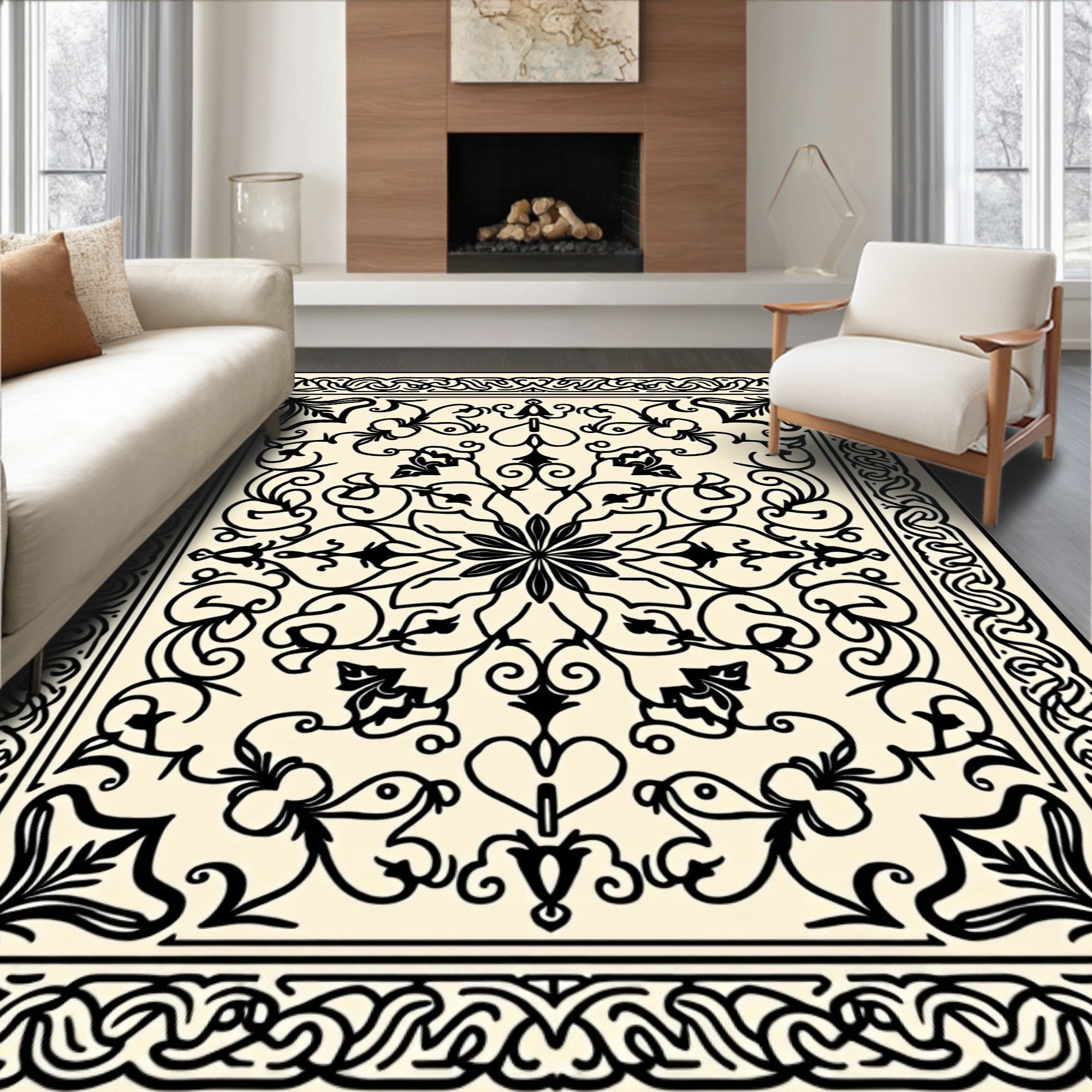 Classic Black Ivory Floral Scroll Rug