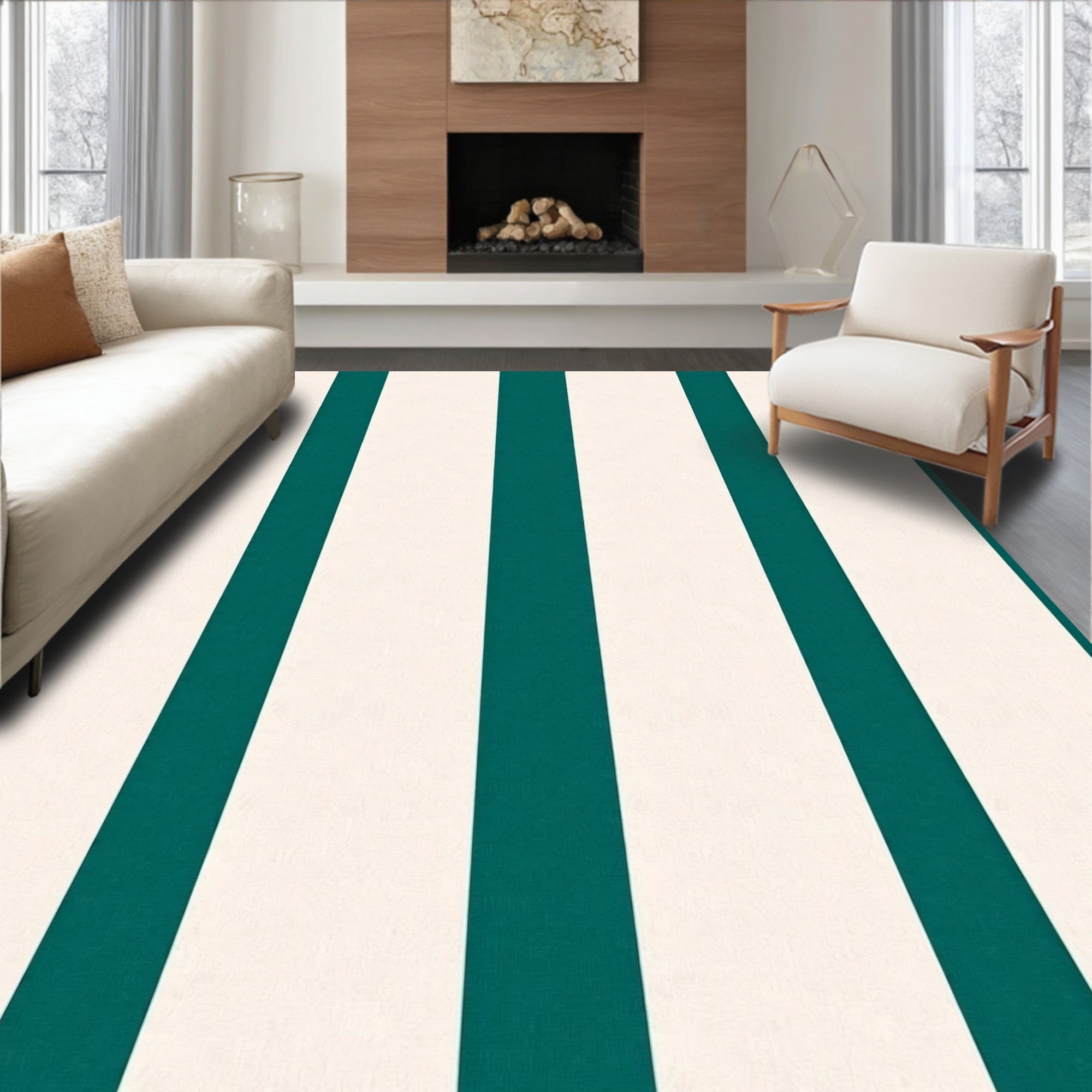 Coastal Teal Cream Stripe Rug