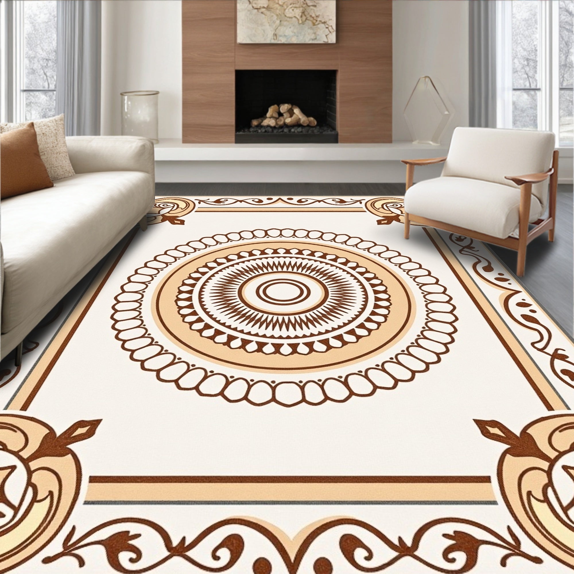 Neutral Earth Tone Floral Medallion Rug