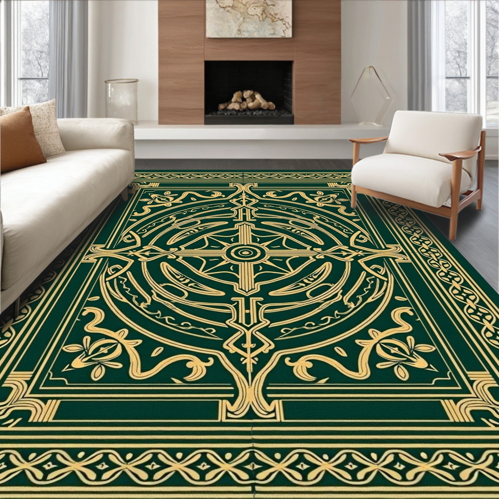 Emerald Gold Intricate Mandala Rug