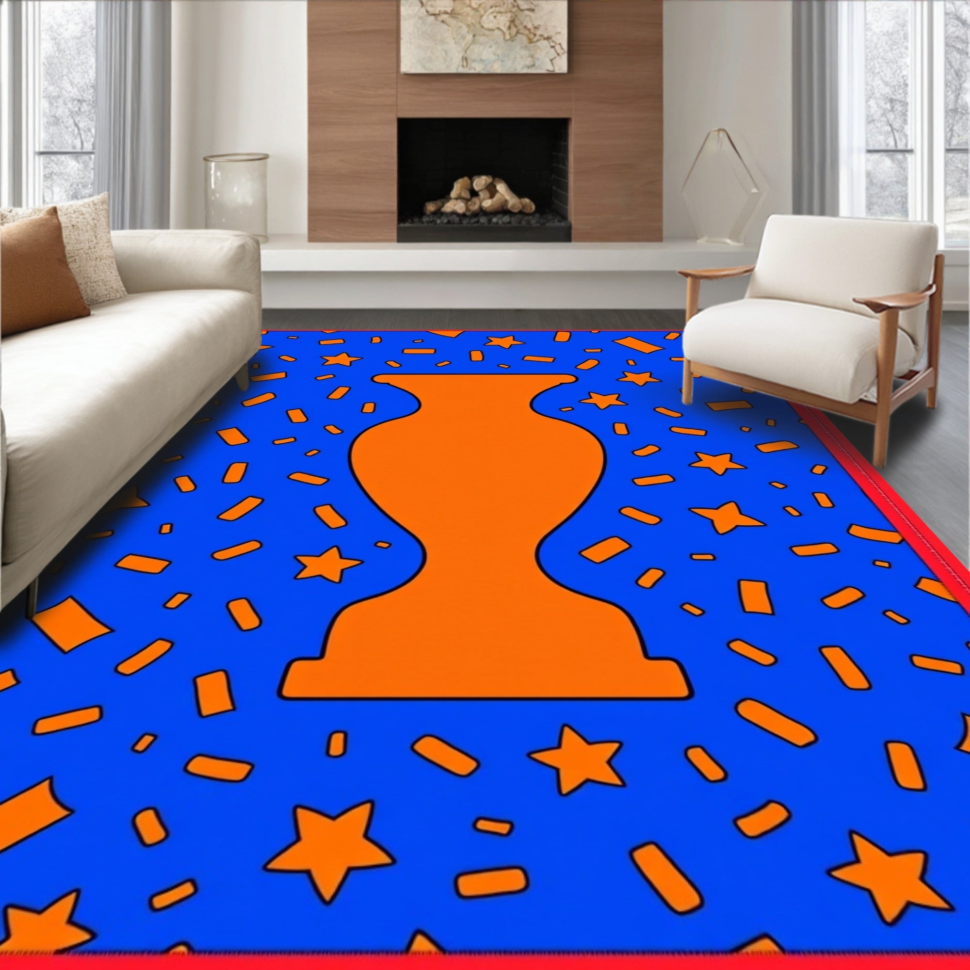 Orange Trophy Stars Blue Confetti Border Rug
